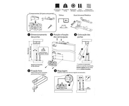 Imagem de Kit Completo Sistema de Portas de Correr com Sustentação Inferior  Roldanas Zamac 40mm