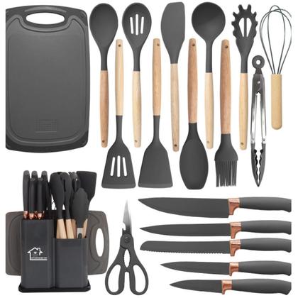Imagem de Kit completo utensílios de cozinha silicone cabo madeira espátulas colher batedor de ovos tabua facas tesoura 19 peças