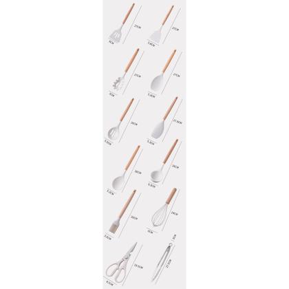 Imagem de Kit completo utensílios de cozinha silicone cabo madeira espátulas colher batedor de ovos tabua facas tesoura 19 peças