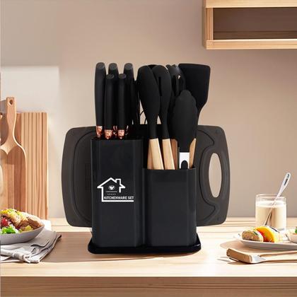 Imagem de Kit completo utensílios de cozinha silicone cabo madeira espátulas colher batedor de ovos tabua facas tesoura 19 peças