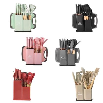 Imagem de Kit completo utensílios de cozinha silicone cabo madeira espátulas colher batedor de ovos tabua facas tesoura 19 peças