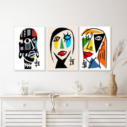 Imagem de Kit Composição 3 Quadros Mulheres Coloridas Abstrato 45x34cm - com vidro