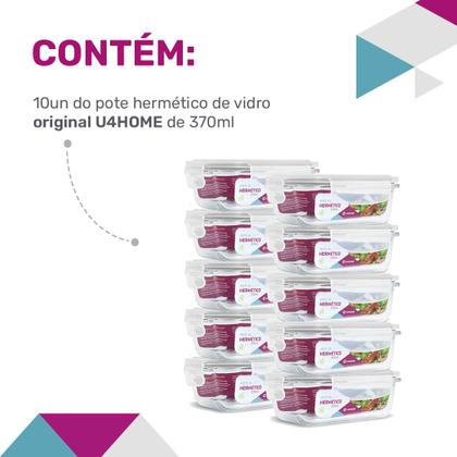Imagem de Kit Conjunto 10 Potes Vidro Hermético Tampa Plástico Marmita Mantimentos 370ml