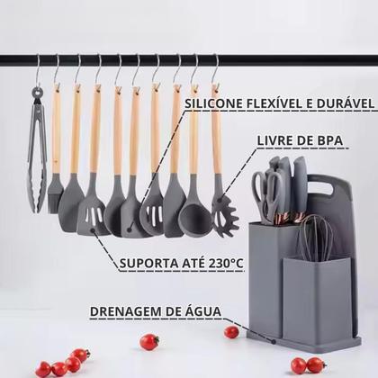 Imagem de Kit Conjunto 19 Peças De Utensílios de cozinha Silicone Com Cabo de Madeira