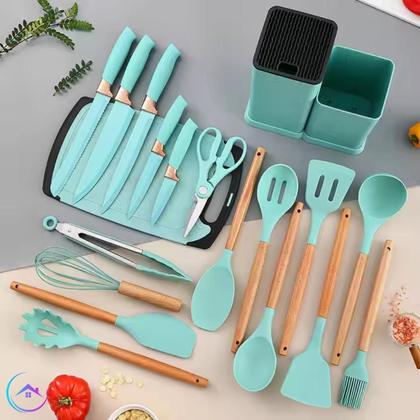 Imagem de Kit Conjunto 19 Peças De Utensílios de cozinha Silicone Com Cabo de Madeira