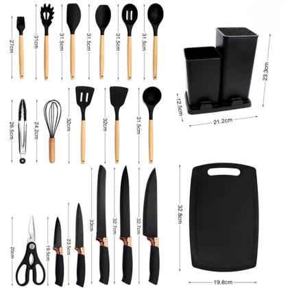 Imagem de Kit Conjunto 19 Peças De Utensílios de cozinha Silicone Com Cabo de Madeira
