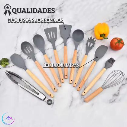 Imagem de Kit Conjunto 19 Peças De Utensílios de cozinha Silicone Com Cabo de Madeira