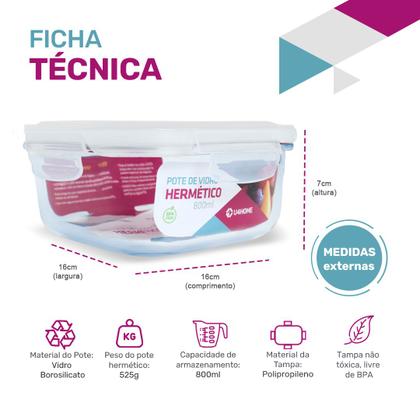Imagem de Kit Conjunto 3 Potes Vidro Hermético Tampa Plástico Marmita Mantimentos 800ml