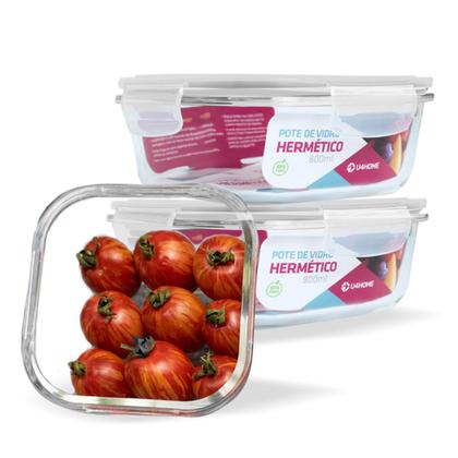 Imagem de Kit Conjunto 3 Potes Vidro Hermético Tampa Plástico Marmita Mantimentos 800ml