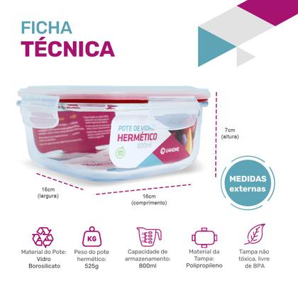 Imagem de Kit Conjunto 3 Potes Vidro Hermético Tampa Plástico Marmita Mantimentos 800ml