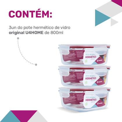 Imagem de Kit Conjunto 3 Potes Vidro Hermético Tampa Plástico Marmita Mantimentos 800ml