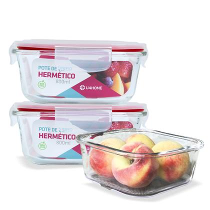 Imagem de Kit Conjunto 3 Potes Vidro Hermético Tampa Plástico Marmita Mantimentos 800ml