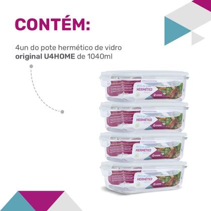 Imagem de Kit Conjunto 4 Potes Vidro Hermético Tampa Plástico Marmita Mantimentos 1040ml