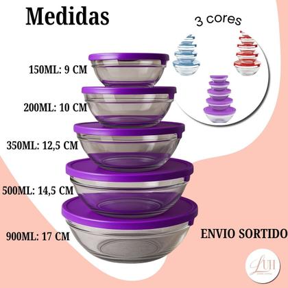 Imagem de Kit Conjunto 5 Potes de Vidro Herméticos Armazenamento De Alimentos Com Tampa Colorida