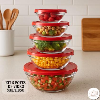 Imagem de Kit Conjunto 5 Potes de Vidro Herméticos Armazenamento De Alimentos Com Tampa Colorida