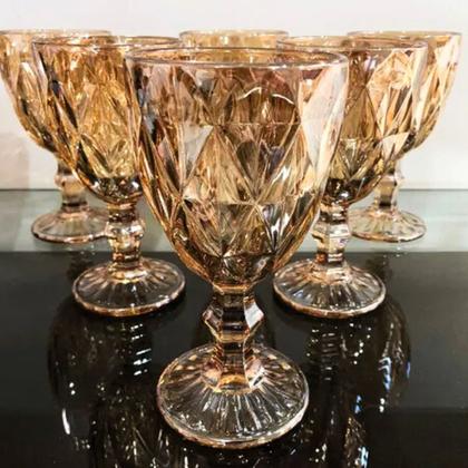 Imagem de Kit Conjunto 6 Taças Copo Vidro 325ml Diamond Gold Dourado Dia das Mães Aniversário Casamento Natal Fim de Ano Festa Evento Mesa Posta Café da Manhã