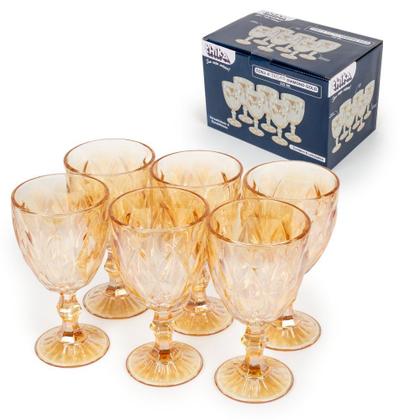 Imagem de Kit Conjunto 6 Taças Copo Vidro 325ml Diamond Gold Dourado Dia das Mães Aniversário Casamento Natal Fim de Ano Festa Evento Mesa Posta Café da Manhã