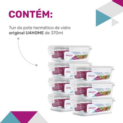 Imagem de Kit Conjunto 7 Potes Vidro Hermético Tampa Plástico Marmita Mantimentos 370ml