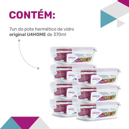Imagem de Kit Conjunto 7 Potes Vidro Hermético Tampa Plástico Marmita Mantimentos 370ml