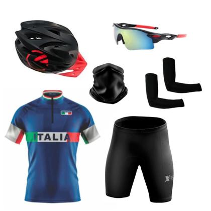 Imagem de Kit Conjunto Ciclismo Camisa e Bermuda Proteção UV + Capacete Ciclismo + Óculos Esportivo + Manguito + Bandana