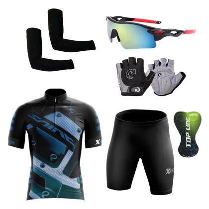 Imagem de Kit Conjunto Ciclismo Camisa e Bermuda Proteção UV + Luvas + Óculos Esportivo + Manguito