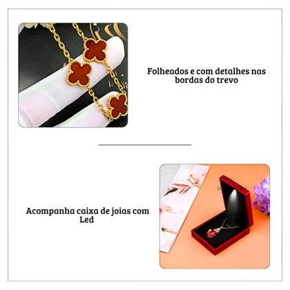 Imagem de Kit Conjunto Colar Brinco Choker Trevo Grife Caixinha Led