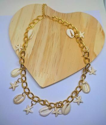 Imagem de kit Conjunto Colar Choker e Pulseira Corrente Buzios Estrela do Mar Concha folheado Ouro 18k Moda Praia Verão