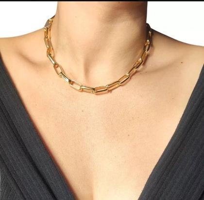 Imagem de Kit Conjunto Colar Choker e Pulseira Corrente Elo Grossa Quadrado Folheado Ouro 18k Elos Grande Moda Blogueira Luxo