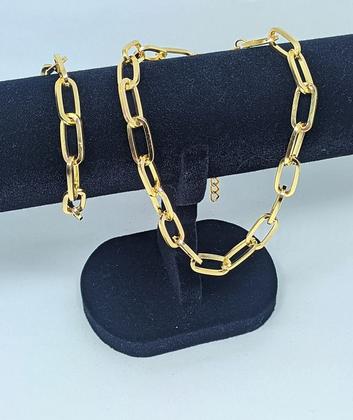 Imagem de Kit Conjunto Colar Choker e Pulseira Corrente Elo Grossa Quadrado Folheado Ouro 18k Elos Grande Moda Blogueira Luxo