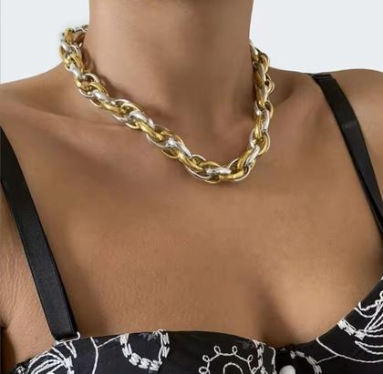 Imagem de Kit Conjunto Colar Choker e Pulseira Corrente elos Grosso Oval Duplo Mix dourado com Prata Luxo Folheado Ouro Tendência