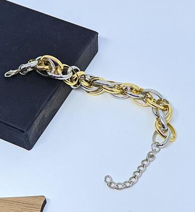 Imagem de Kit Conjunto Colar Choker e Pulseira Corrente elos Grosso Oval Duplo Mix dourado com Prata Luxo Folheado Ouro Tendência