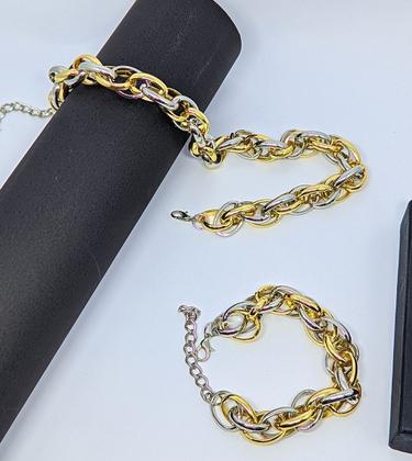 Imagem de Kit Conjunto Colar Choker e Pulseira Corrente elos Grosso Oval Duplo Mix dourado com Prata Luxo Folheado Ouro Tendência