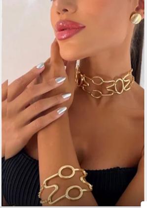 Imagem de Kit Conjunto Colar Choker e Pulseira Folheado Ouro 18k Inspiração Thassia Naves Blogueira Tendência Moda Luxo Dourado