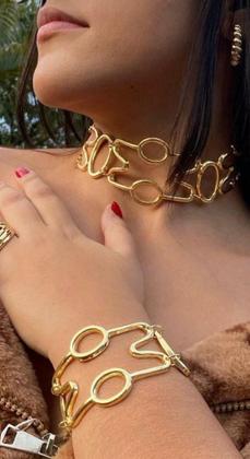 Imagem de Kit Conjunto Colar Choker e Pulseira Folheado Ouro 18k Inspiração Thassia Naves Blogueira Tendência Moda Luxo Dourado