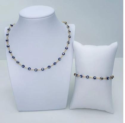 Imagem de Kit Conjunto Colar Choker e Pulseira Olho grego Azul Dourado e Prata Folheado Gargantilha Prateado Proteção Amuleto