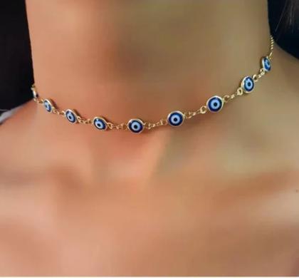 Imagem de Kit Conjunto Colar Choker e Pulseira Olho grego Azul Dourado e Prata Folheado Gargantilha Prateado Proteção Amuleto