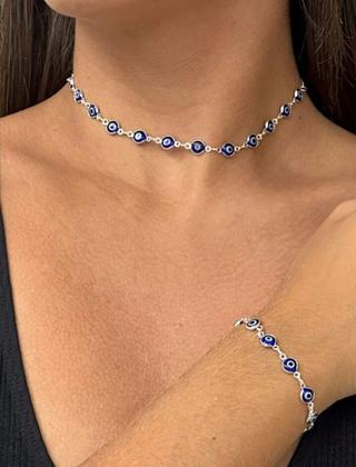 Imagem de Kit Conjunto Colar Choker e Pulseira Olho grego Azul Dourado e Prata Folheado Gargantilha Prateado Proteção Amuleto