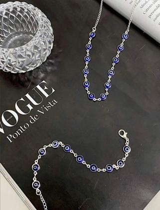 Imagem de Kit Conjunto Colar Choker e Pulseira Olho grego Azul Dourado e Prata Folheado Gargantilha Prateado Proteção Amuleto