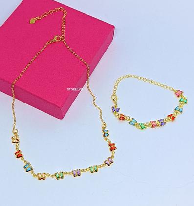 Imagem de Kit Conjunto Colar Choker e Pulseira Pingente Borboletas zircônias coloridas Folheado a Prata Dourado Adulto e Infantil