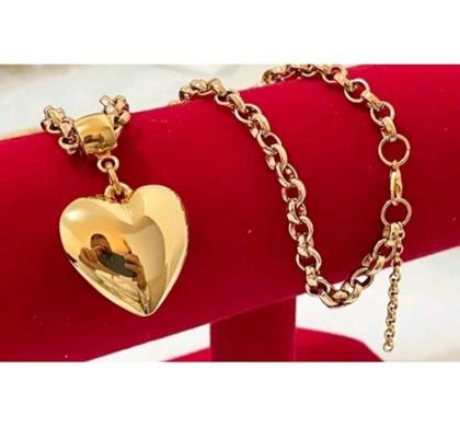 Imagem de Kit Conjunto Colar Corrente e Pulseira Elos Português Pingente Coração liso Folheado Ouro 18k Moda Feminina Presente