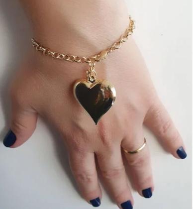 Imagem de Kit Conjunto Colar Corrente e Pulseira Elos Português Pingente Coração liso Folheado Ouro 18k Moda Feminina Presente