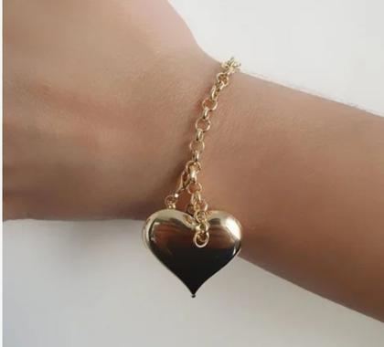 Imagem de Kit Conjunto Colar Corrente e Pulseira Elos Português Pingente Coração liso Folheado Ouro 18k Moda Feminina Presente