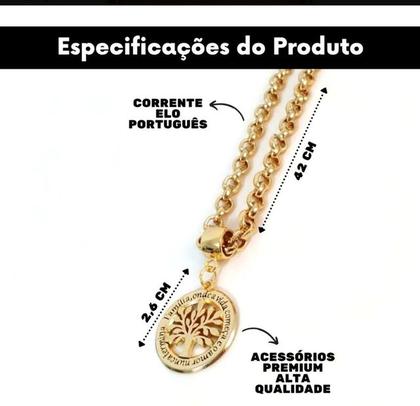 Imagem de Kit Conjunto Colar e Brincos Arvore da Vida Corrente Elo Português Feminino Folheado Ouro 18k Gargantilha