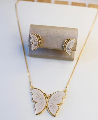 Imagem de Kit Conjunto Colar e Brincos Feminino com Pingente Borboleta Madrepérola Grande Folheado Ouro 18k Gargantilha Presente