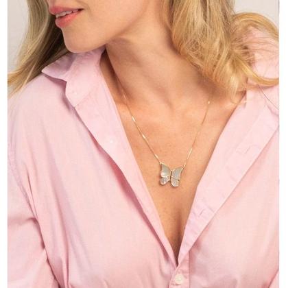 Imagem de Kit Conjunto Colar e Brincos Feminino com Pingente Borboleta Madrepérola Grande Folheado Ouro 18k Gargantilha Presente