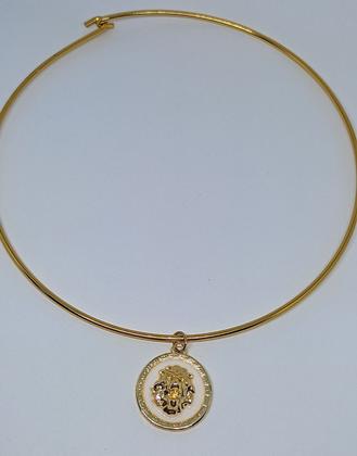 Imagem de Kit Conjunto Colar e Pulseira Elo Aro Liso Pingente Medalha Redonda Leão Folheado a Ouro 18k Dourado / Choker Feminino