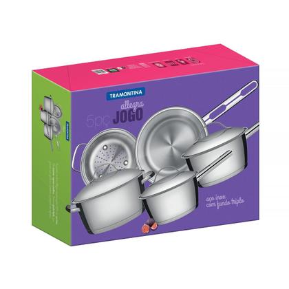 Imagem de KIT - Conjunto de Panelas Inox 5 PCS Allegra + Panela Inox Fundo Triplo Solar 4,7L - Tramontina