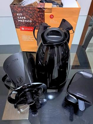 Imagem de Kit Conjunto Garrafa Térmica de Café 650ml Florença Preta c/ Bico Anti Gotas e Alça + Açucareiro 350ml c/ Colher + Suporte p/ Filtro Coador