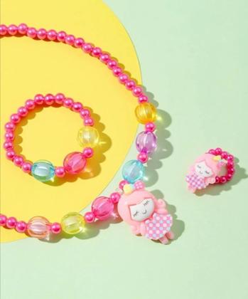 Imagem de Kit Conjunto Infantil Colar e Pulseira Anel Miçangas Pérola Colorida Pingente Urso Coelho Flor Sereia Doce Borboleta