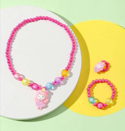 Imagem de Kit Conjunto Infantil Colar e Pulseira Anel Miçangas Pérola Colorida Pingente Urso Coelho Flor Sereia Doce Borboleta